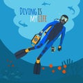 Diver underwater vector illustration