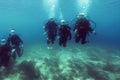 Diver underwater view with a group of scuba divers in clear blue water.