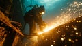 a diver watches as he climbs over the edge of a sinking boat in the sea Royalty Free Stock Photo