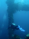 Diver in wreck dive deep blue sea