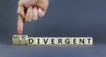 Divergent or neurodivergent symbol. Concept words Divergent Neurodivergent on wooden blocks. Beautiful grey table grey background