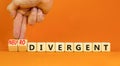 Divergent or neurodivergent symbol. Concept words Divergent Neurodivergent on wooden blocks. Beautiful orange background.