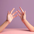 Diverging Paths: Close-Up of Pink Hands Pointing in Different Directions on Pastel Blue Background Royalty Free Stock Photo