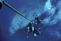 Divers ascending from Spiegel Grove shipwreck off Key Largo, Florida Royalty Free Stock Photo