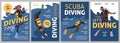 Divers cards. Cartoon men and women in scuba gear, deep sea explorers banner design, oxygen tanks, underwater masks and