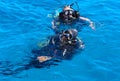 Divers on the clear and turquoise Red Sea on immersion in beautiful corals and colorful fish.