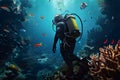 Divers collect debris around corals and underwater fish. World Ocean Day. Environmental pollution concept. Royalty Free Stock Photo