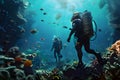 Divers collect debris around corals and underwater fish. World Ocean Day. Environmental pollution concept. Royalty Free Stock Photo