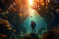 Divers collect debris around corals and underwater fish. World Ocean Day. Environmental pollution concept. Royalty Free Stock Photo