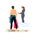 Divers couple together man and woman in swimsuit. Young man put on, take off swimwear and girl in diver costume