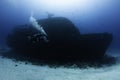 divers enjoying a deep wreck ship