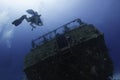 divers enjoying a deep wreck ship