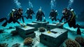 Divers explore submerged ancient ruins with intricate stonework on the ocean floor Royalty Free Stock Photo