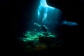Divers exploring a Lava Tube Royalty Free Stock Photo