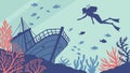 Divers Exploring Sunken Shipwreck, Underwater Adventure Discovery, vector design Generative AI Royalty Free Stock Photo