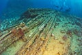 Divers exploring underwater wreckage Royalty Free Stock Photo