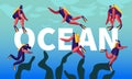 Divers in Ocean Concept. Snorkeling Male and Female Characters Underwater Fun Activities, Hobby, Swimming, Scuba Diving Royalty Free Stock Photo