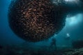 Divers photograph a huge bait ball of Stripped Salema fish, Galapagos