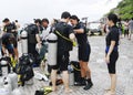 Divers preparing to dive, Koh Nanguan, Thailand.