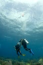 Divers on safetystop on bouy Royalty Free Stock Photo