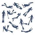 Divers silhouettes. Scuba diving, snorkeling characters with tools and equipment for underwater explore and swimming Royalty Free Stock Photo