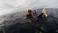 Divers swim in ocean after surfacing from depth. Scubadiving. Happiness.