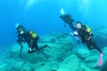 Divers swimming above rocky bottom