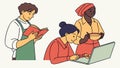 Diverse Adults Studying with Books & Laptop: Collaborative Learning, vector design Generative AI Royalty Free Stock Photo