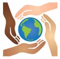 Diverse African American, White, Latino, and Asian Hands Joining Together to Cradle the Blue and Green World