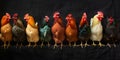 A diverse array of colorful chicken breeds against a black background. Concept Chicken Photography, Colorful Breeds, Black Royalty Free Stock Photo