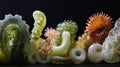 Evolving bacteria displayed in a colorful sequence showcasing diverse forms and structures. Generative AI