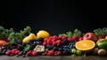 A diverse array of fruits, vegetables and cereals artfully arranged on a black background Royalty Free Stock Photo