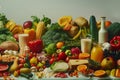 A diverse array of fruits, vegetables, dairy, and grains arranged to highlight a balanced diet, including milk, juice