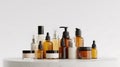 Diverse array of skincare and beauty products in neutral tones studio shot Royalty Free Stock Photo