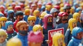 Diverse array of toy figures with VOTE sign, showcasing democracy. Multicolored miniature people in a crowd promoting