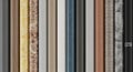 A diverse array of vertical rolls showcases various textures and materials, including wood grain, Royalty Free Stock Photo