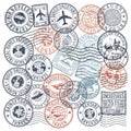Collection of vintage passport stamps with airplanes and travel postmarks for global journeys Royalty Free Stock Photo