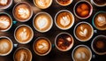 Diverse assortment of coffee mugs with an overhead view placed on a charming wooden table