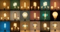 Diverse assortment of incandescent and fluorescent light bulbs illuminated with various colors Royalty Free Stock Photo