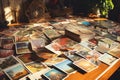 A diverse assortment of pictures and cards decorating a table., Vintage postcards spread out on a table, AI Generated