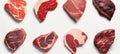 Diverse assortment of raw steaks, viewed from a top down perspective, isolated on a white background
