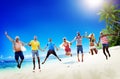 Diverse Beach Summer Friends Fun Jump Shot Concept Royalty Free Stock Photo