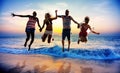 Diverse Beach Summer Friends Fun Jump Shot Concept Royalty Free Stock Photo