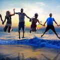 Diverse Beach Summer Friends Fun Jump Shot Concept Royalty Free Stock Photo