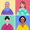 4 diverse beautiful happy smiling women avatar icons. Races and nationalities diversity, multicultural, multi ethnic female