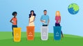Diverse beautiful people sort garbage and set an example for everyone. Concept of save the planet. Sorting and recycling