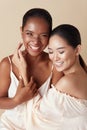 Diverse. Beauty Models Portrait. Ethnic Women With Nude Makeup Laughing And Bonding Hands Against Beige Background.