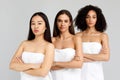 Diverse beauty. Portrait of three beautiful multiracial women posing with folded arms smiling at camera, grey background Royalty Free Stock Photo