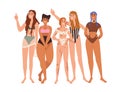 Diverse body-positive women group. Different happy girls in swimwear, bikini. Female friends portrait. Diversity