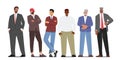 Diverse Business Men Stand in Row. Confident Male Character Caucasian, African, Indian or Pakistan, Asian Ethnicity